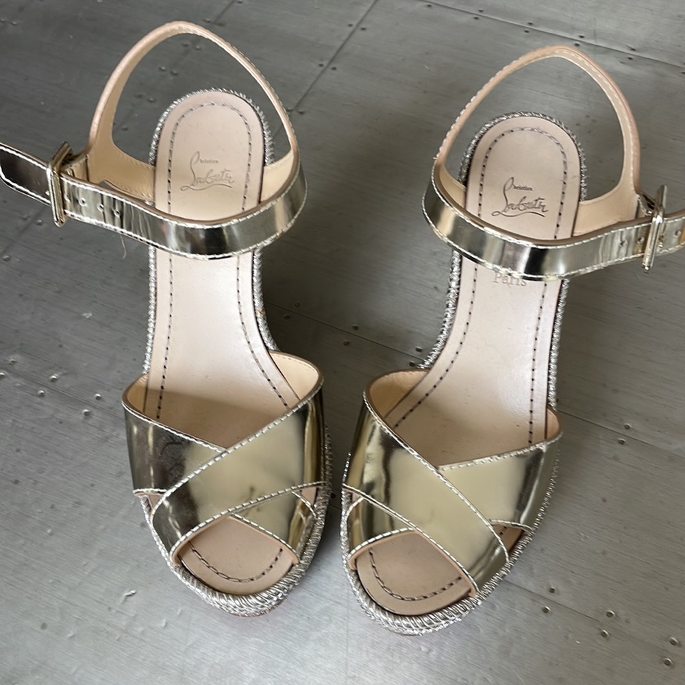 Christian louboutin almeria platine sandal espadrille glitter wedge sz 39 - Picture 3 of 10